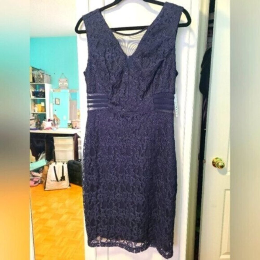 EnFocus Studio Navy Floral Glitter Sparkle Mesh Midi Above Knee Evening Dress 10